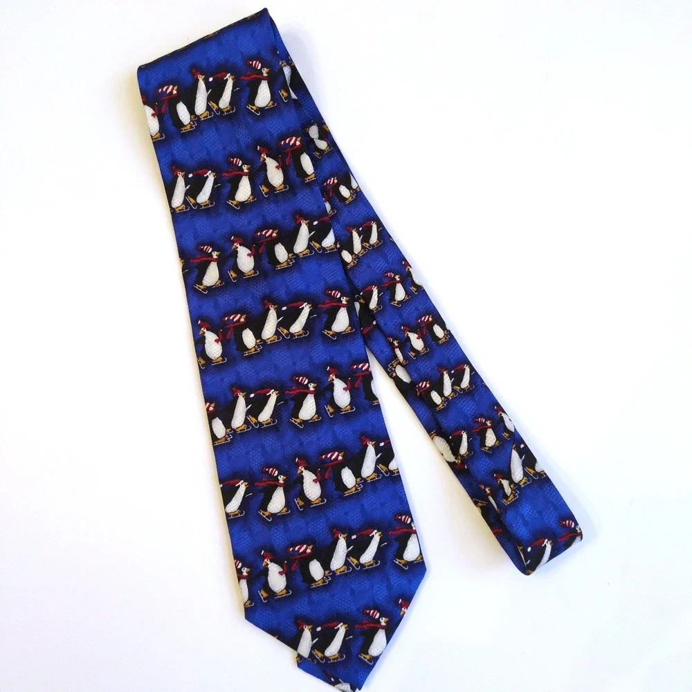 J.Z. Richards Nordstrom Silk Tie Ice‎ Skating Penguins Christmas USA Made Blue